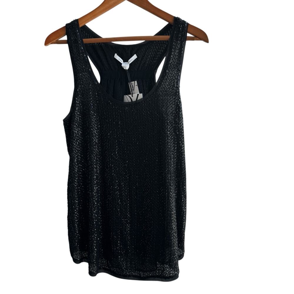 DVF DIANE VON FURSTENBERG Pellina Black Sequin Racerback Tank Top Size 8 NWT